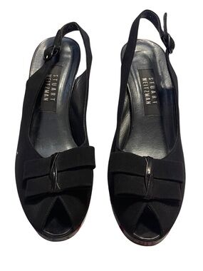 Stuart Weitzman Black Peep-Toe Bow Accent Spool Heels